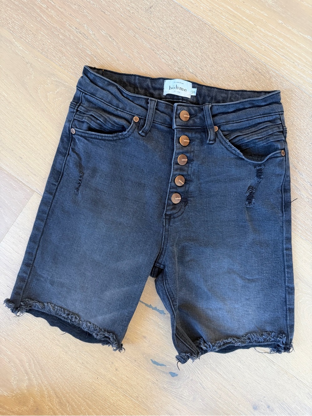 bohme High Waist Distressed Denim Shorts in Black